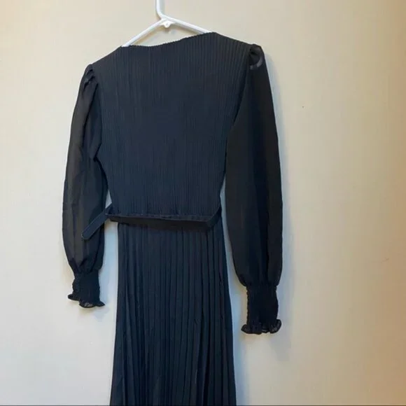 Black Long Sleeves Pleated Dress One-Size - Picture 4 of 5